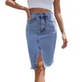 High-waisted denim midi skirt with front slit and frayed hem design. - XS / Bottoms / Blue