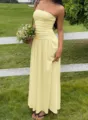 Elegant yellow strapless ruched maxi dress perfect for a summer beach vacation style - S / Dresses / Yellow