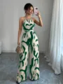 Elegant green and cream abstract printed halter neck wide-leg jumpsuit with cinched waist - Dark Green