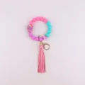 Silicone bead keychain bracelet with pink sugar skull pendant and leather tassel for daily use. - Rose Red Skull