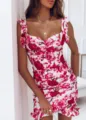Close-up detail of a summer sleeveless V-neck floral bodycon dress with ruffle shoulders - White Large Red Floral