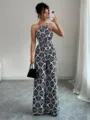 Elegant black and white geometric print halter neck wide-leg jumpsuit for women - S / Top And Bottom / Black Floral Pattern