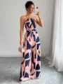 Elegant halter wide-leg jumpsuit with pink and navy blue abstract print and waist tie - S / Top And Bottom / Pink