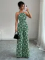 Green and white geometric print halter neck wide-leg jumpsuit for women stylish look - S / Top And Bottom / Green Floral Pattern