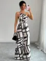 Women's elegant black and white geometric print halter neck wide leg jumpsuit outfit - S / Top And Bottom / Black Plaid