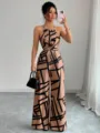 Elegant khaki halter neck wide leg jumpsuit featuring bold black geometric abstract print - Brown Plaid