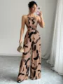 Elegant brown halter-neck jumpsuit with black abstract brushstroke print - Brown Brushstroke