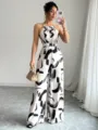 Halter neck black and white abstract print wide-leg jumpsuit with slimming waist - White Brushstroke