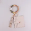 Silicone beaded wristlet keychain with cardholder leather wallet and tassel cute gift for women - Off White