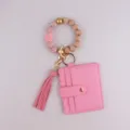 Pink beaded wristlet keychain with card holder and tassel for women daily use stylish gift - Pink