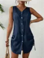 Texture détaillée de la robe de plage boutonnée en coton bleu marine à cordon - S / Robes / Bleu marine