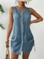 Detail of light blue sleeveless cotton gauze shirt dress with drawstring sides - Aqua