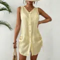 Elegant yellow summer sleeveless cotton button-down drawstring cover-up mini dress - Light Yellow
