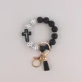 Modisches Silikon Perlen Armband Schlüsselanhänger mit Kreuz Anhänger und schwarzer Quaste - Schwarz