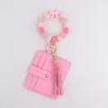 Monedero tarjetero con pulsera de cuentas de silicona rosa lazo y llavero con borla - Rosa