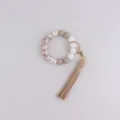 Silicone beaded keychain bracelet with leather tassel, stylish floral and solid color wristlet. - Khaki