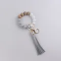 Silicone wooden bead keychain bracelet with leather tassel, chic checkered design ring. - Gray