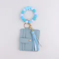 Monedero tarjetero de cuero PU con llavero de pulsera de cuentas de silicona azul moda - Azul