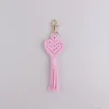 Pink macrame heart keychain bag charm, handmade woven bohemian style accessory with gold clasp. - Light Pink