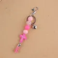 Pink silicone beaded keychain with cross pendant tassel and heart charm for bag decoration - Rose Red