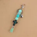 Silicone beaded keychain with cross tassel and cute heart pendant for bags keys stylish accessory - Green
