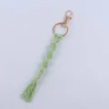 Handmade macrame keychain light green cotton rope with gold metal clasp and tassel item. - Pale Green