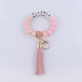 Silicone bead keychain bracelet with MAMA letter wooden charm and pink leather tassel for women - Pink