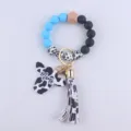 Cute silicone bead wristlet keychain with cow print tassel and Mama pendant for daily use - Blue