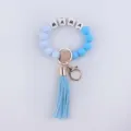 Silicone bead keychain bracelet with MAMA letter beads, wood bead and cute blue tassel. - Blue