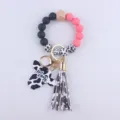 Silicone bead keychain with cow print tassel and mama charm for women and daily use gifts. - Watermelon red