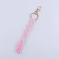 Handmade pink macrame cotton rope keychain with gold metal clasp ring accessory for keys bag. - Light Pink