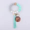 Silicone bead wristlet keychain with wooden bead, leather tassel and engraved mama wood disc. - Mint Green