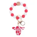 Silicone bead bracelet keychain with red white cow print cow head pendant for women key ring - Red