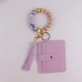 Purple PU Leather Card Holder Wooden Bead Wristlet Keychain Tassel Key Ring Gift For Women - Purple