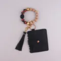 Beaded keychain wristlet with cardholder and tassel, stylish silicone and wood bead wrist keyring. - Black
