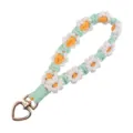 Handmade woven daisy keychain green white cotton rope phone strap with heart clasp - Green