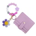 Silikon Perlen Armband Schlüsselanhänger mit lila Kartenetui und süßem Blumen Anhänger. - Lila