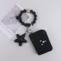 Silicone bead wristlet keychain with black leather card pouch and star pendant for women daily. - Black