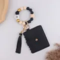 Portachiavi con bracciale in perle di silicone porta carte nero in ecopelle e nappina chic. - Nero