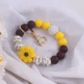 Silicone beaded keychain bracelet with cute daisy flower charm, fashion jewelry accessory. - Daisy Yellow & Coffee