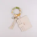 Silikon Perlen Armband Schlüsselanhänger mit Quaste und Leder Kartenetui Brieftasche - Beige