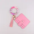 Rosa Silikonperlen Armband Schlüsselanhänger mit Leder Kartenetui und Quaste für Damen. - Rosa