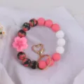 Silicone beaded keychain wristlet with floral beads and cute heart clasp for women and girls. - Begonia Rose Red