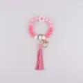 Silikon Perlen Armband Schlüsselanhänger in Rosa Weiß mit Blumen Anhänger und Leder Quaste. - Begonie Weiß