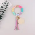 Silicone bead keychain bracelet with wooden bead, leather tassel and blank wooden disc. - Colorful