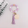 Silicone beaded keychain bracelet with leather tassel wooden charm stylish wrist key ring - Light Purple