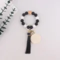 Silicone bead keychain bracelet with black leather tassel and round wood charm for women gifts - Black