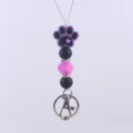 Cute silicone paw print keychain detail, black pink beaded charm with metal clasp for bags. - Purple