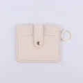 Beige PU leather card holder with cute scalloped edge, snap button and gold keyring for keys. - Beige