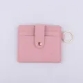 Pink PU leather card holder coin purse with keychain and snap closure for women daily use - Pink